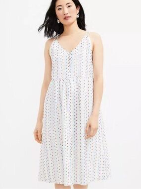🌻LOFT Cotton Clip Dot Strappy Button Midi Dress White Red Blue Size 12